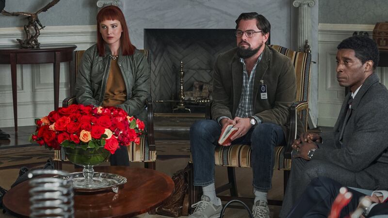 Don’t Look Up: Jennifer Lawrence as Kate Dibiasky, Leonardo DiCaprio as Dr Randall Mindy,and Rob Morgan as Dr Clayton ‘Teddy’ Oglethorp. Photograph: Niko Tavernise / Netflix