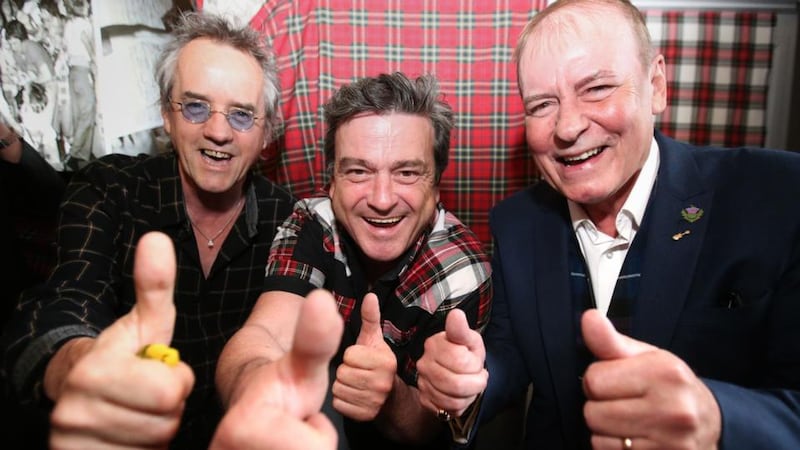 Bay City Rollers (left to right) Stuart Wood, Les McKeown and Alan Longmuir as they make the announcement of their reunion. Photograph: Andrew Milligan/PA Wire