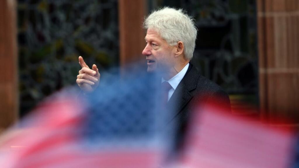 Former US President Bill Clinton speaks at the Guild Hall in Derry today as part of his visit to Northern Ireland. Photograph: Paul Faith/PA Wire