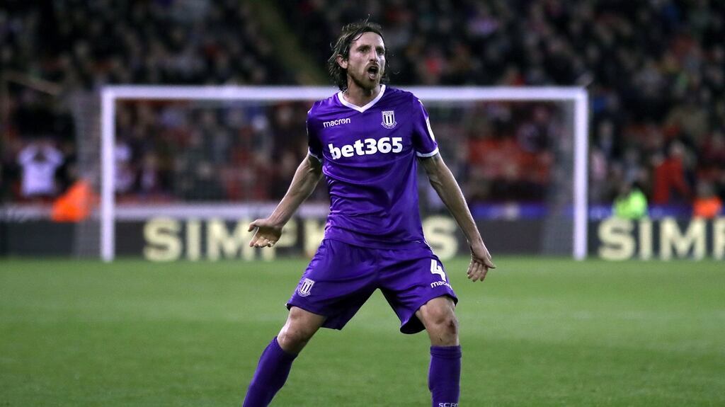 Stoke City’s Joe Allen celebrates scoring his side’s equalising goal in the Sky Bet Championship match against Sheffield United at Bramall Lane. Photograph: Tim Goode/PA Wire