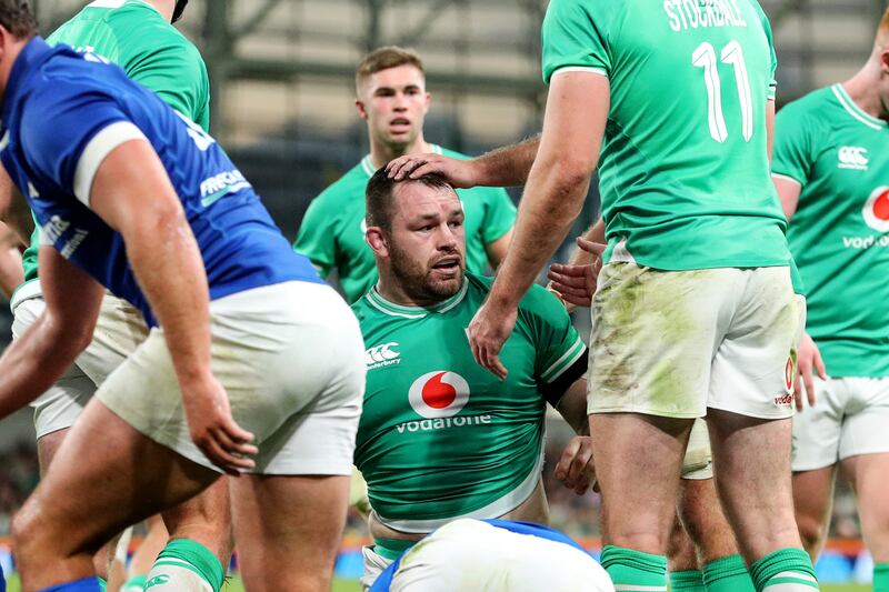 The remarkable Cian Healy celebrates after scoring Ireland's fourth try against Italy. Photograph: Ben Brady/Inpho