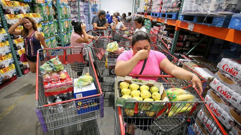 Shoppers wait in line for the arrival of a shipment of water during preparations for the impending arrival of Hurricane Irma. Photograph: Joe Burbank/Orlando Sentinel via AP