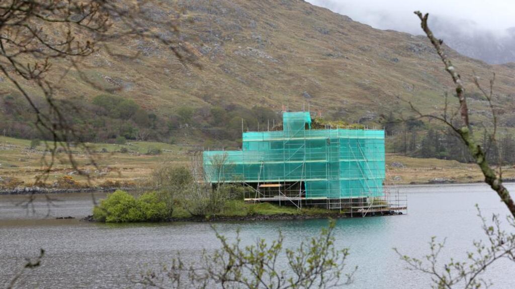 Scaffolding surrounds the 16th century O’Flaherty Castle on Ballynahinch Lake in Connemara. Photograph: Joe O’Shaughnessy.