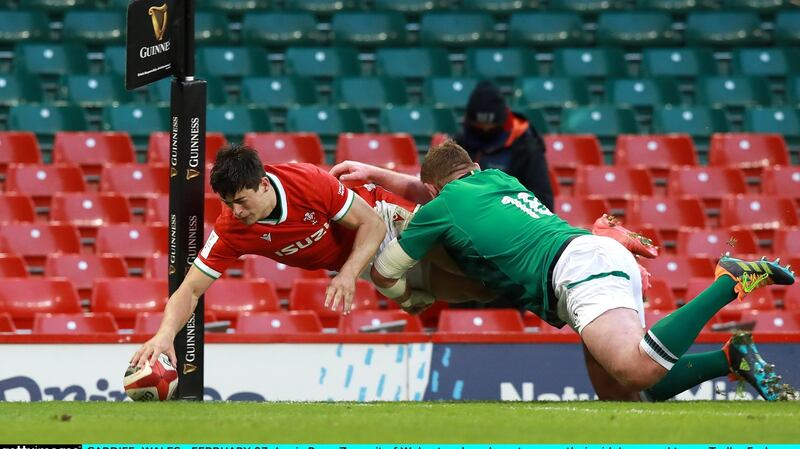 Louis Rees-Zammit of Wales touches down to score their side’s second try against Ireland last weekend. Photo: David Rogers/Getty Images