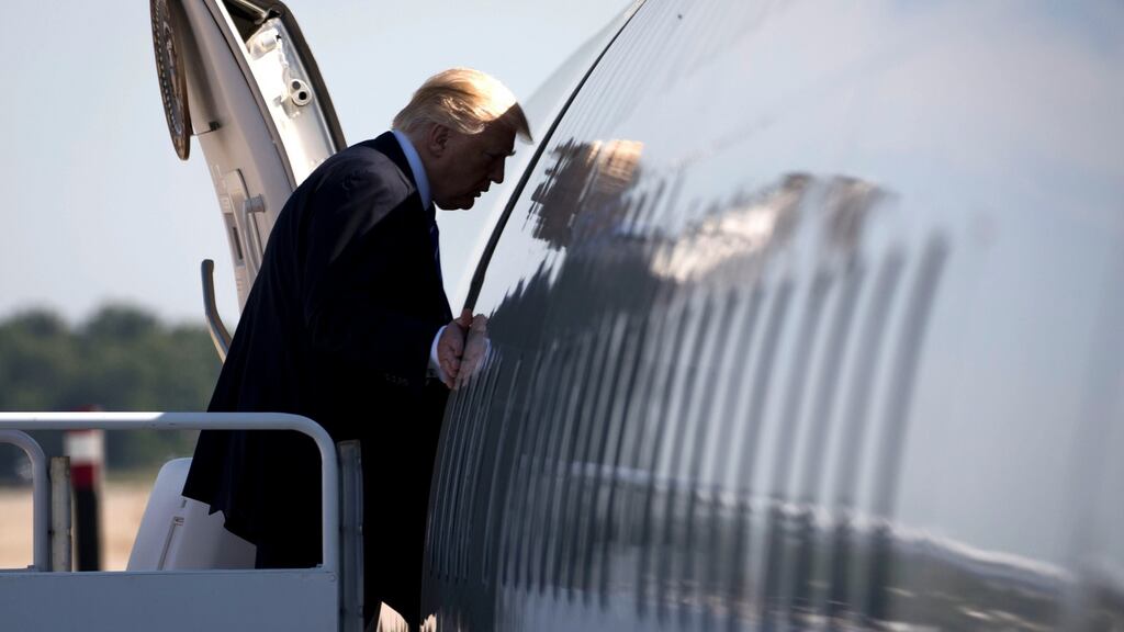 US president Donald Trump: Air Force One will take him and key staff on a nine-day foreign trip from Friday. Photograph: Doug Mills/New York Times