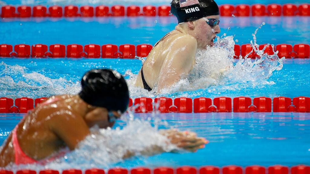 Lilly King (Top) of the United States and Yulia Efimova (Bottom) of Russia compete in the Women’s 100m Breaststroke Final on Day 3 of the Rio 2016 Olympic Games. Photograph: Getty Images