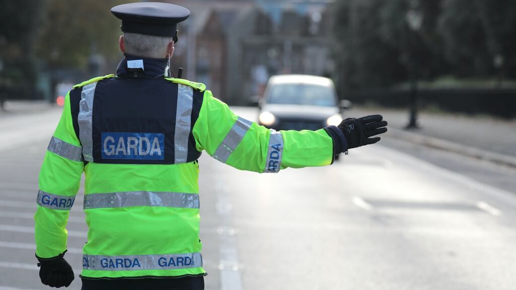 Garda checkpoint at the entrance to Phoenix Park in Dublin on the first day of a national level 5 lockdown. Photograph: Collins