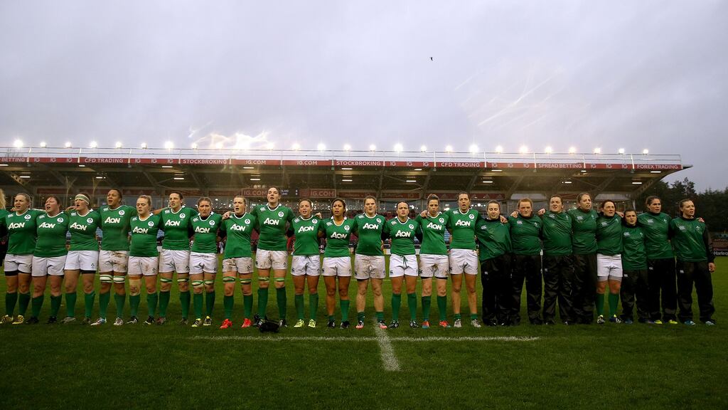 The Ireland Women’s team stand for the anthems during the Autumn International, at The Twickenham Stoop, London, last month. Photograph: Dan Sheridan/Inpho