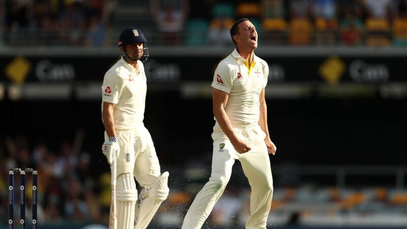 Josh Hazelwood celebrates the late wicket of Alastair Cook. Photograph: Ryan Pierse/Getty