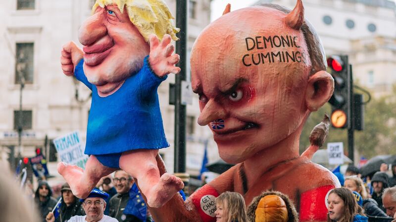 An effigy depicting Dominic Cummings manipulating Boris Johnson at a “People’s Vote” march in London last October. Photograph: Maciek Musialek/NurPhoto via Getty Images