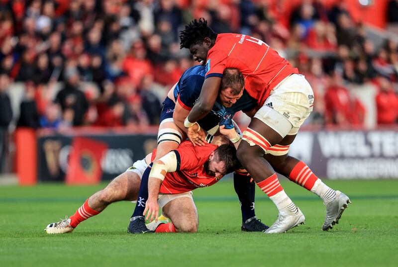 Ulster's Duane Vermeulen gets involved in an altercation with Munster duo Diarmuid Barron and Edwin Edogbo at Thonind Park. Photograph: Dan Sheridan/Inpho