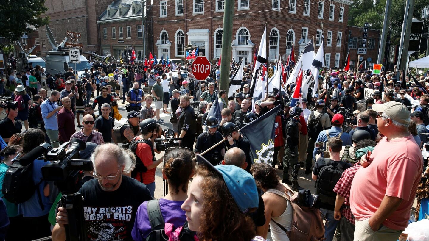 White nationalists are met by a group of counter-protesters in Charlottesville, Virginia, US. Photograph: Joshua Roberts/Reuters