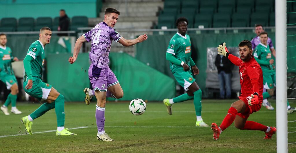 Shamrock Rovers' Johnny Kenny scores his sides first goal. Photograph: Ryan Byrne/Inpho