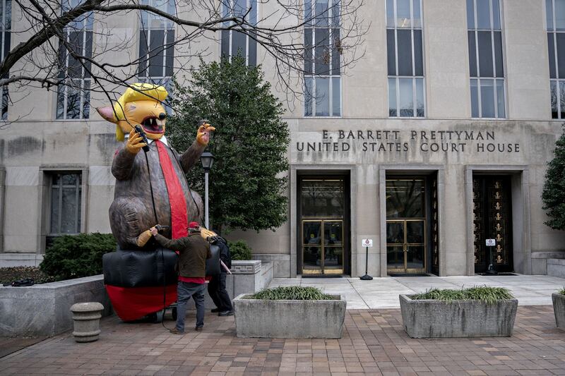 An inflatable rat is set up outside the federal court in Washington, DC on Thursday. Photograph: Andrew Harrer/Bloomberg
