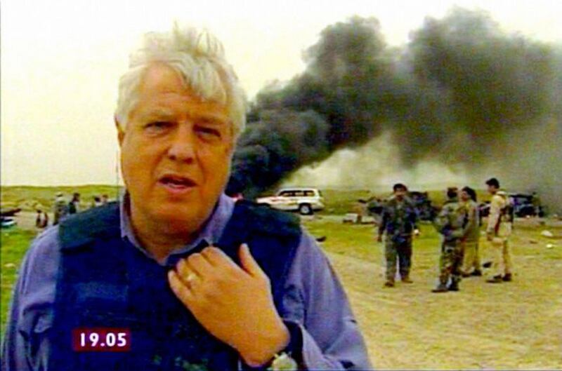 John Simpson reporting on a ‘friendly fire’ incident in Northern Iraq between Mosul and Kirkuk, where American special forces and Kurdish fighters & BBC film crew were killed and injured. Photograph: BBC