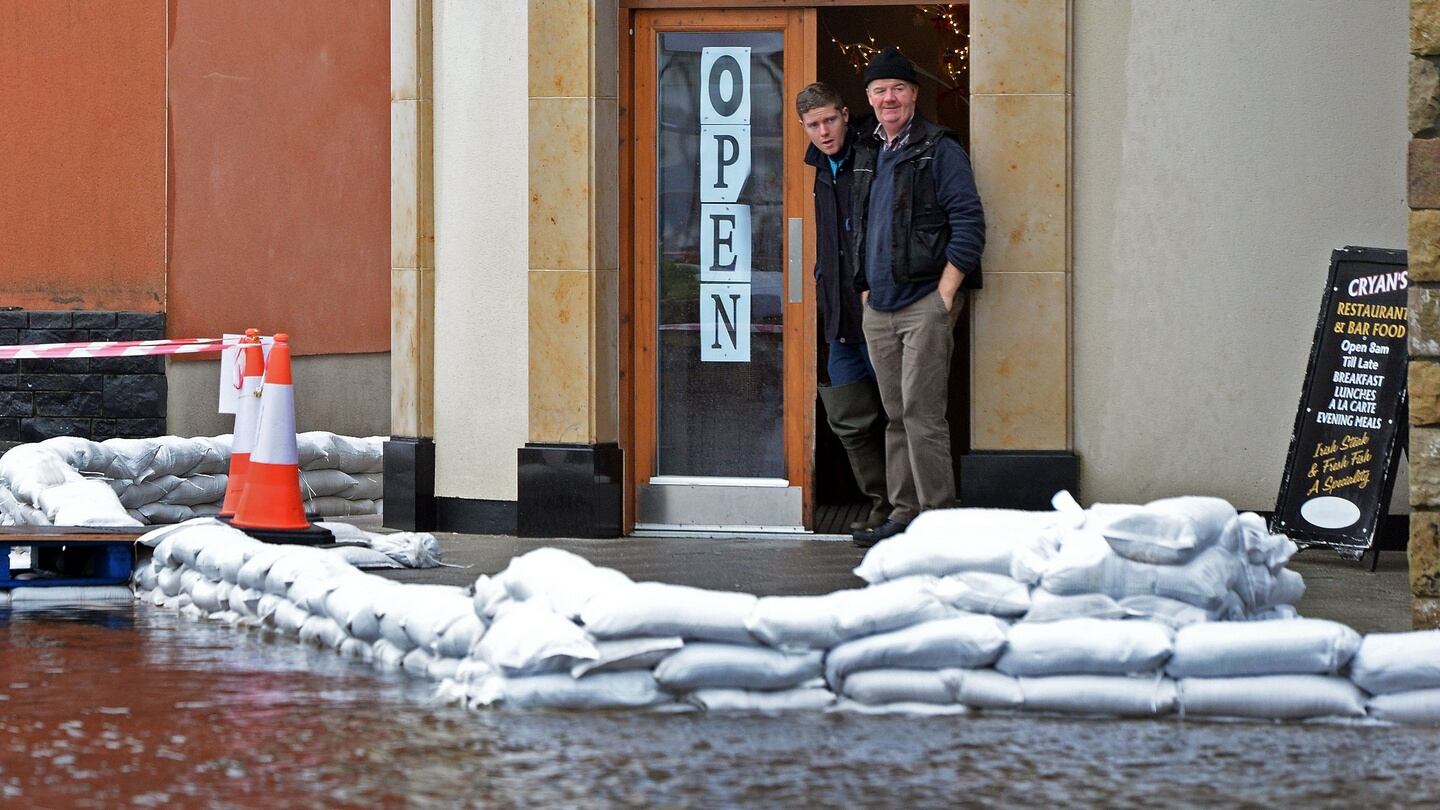 Carrick On Shannon Flood Looking out from Cryans restaurant surrounded by sandbags, in the area of severe flooding at Carrick-on-Shannon, Co. Leitrim. Photograph: Eric Luke / The Irish Times