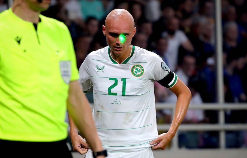 UEFA Euro 2024 Qualifying Round Group B, Opap Arena, Athens, Greece 16/6/2023
Greece vs Republic of Ireland
Ireland’s William Smallbone has a laser shone in his eye
Mandatory Credit ©INPHO/Ryan Byrne