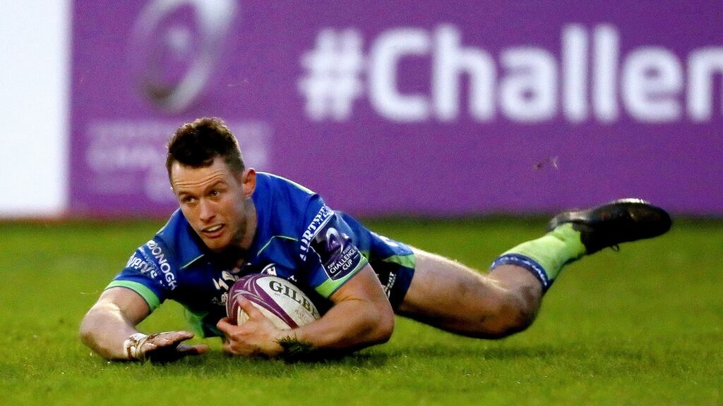 Connacht’s Matt Healy scores his second try against Brive at the Sportsground. Photograph: Bryan Keane/Inpho
