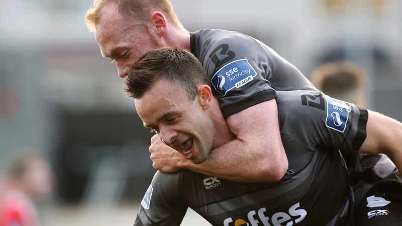 Dundalk’s Robbie Benson celebrates his goal with Chris Shields during the SSE Airtricity League Premier Division game against Derry City at the Brandywell. Photograph: Lorcan Doherty/Inpho