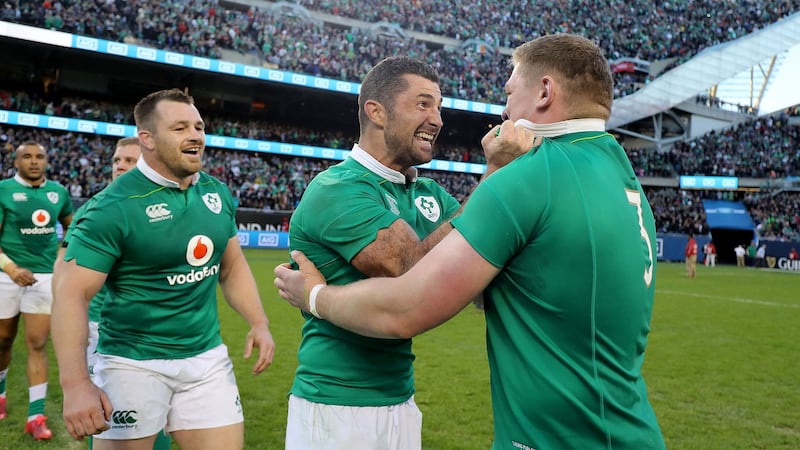 Rob Kearney and Tadhg Furlong celebrate Ireland’s win over the All Blacks in Chicago. Photograph: Dan Sheridan/Inpho