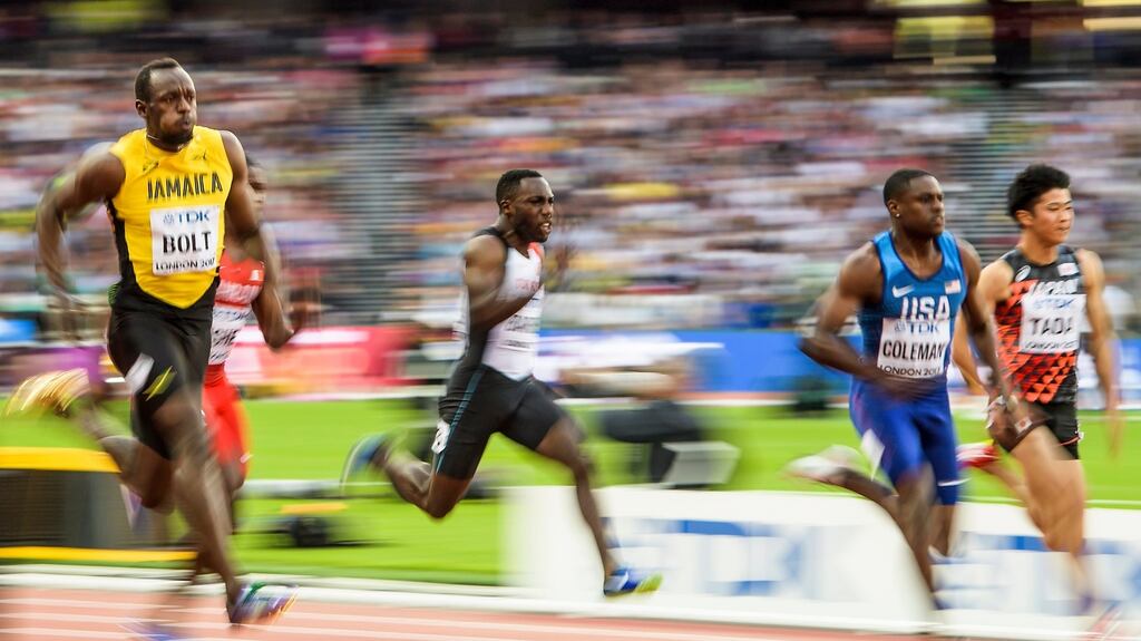 Jamaica’s Usain Bolt loses out to Christian Coleman of the United States in the semi-finals of the 100m at the World Atletics Championships in London. Photograph: Jean-Christophe Bott/EPA