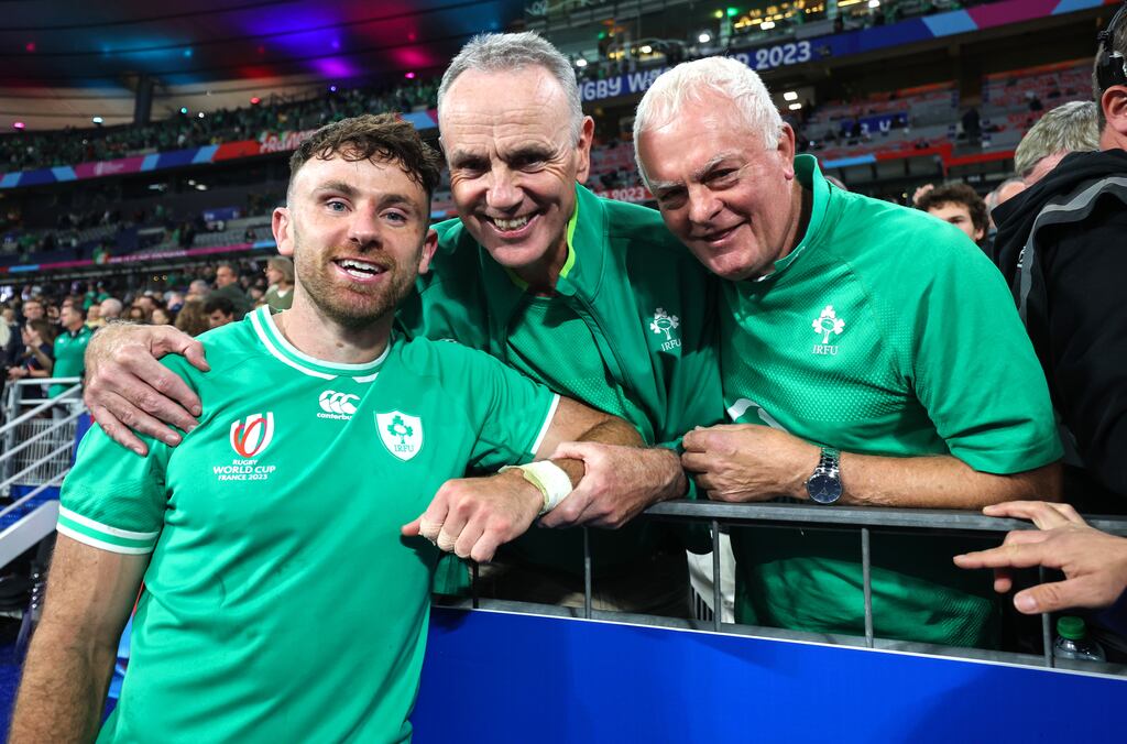 Ireland’s Hugo Keenan celebrates with his father Paul after the victory over South Africa in what the younger Keenan described as the biggest match of his career. Photograph: Dan Sheridan/Inpho