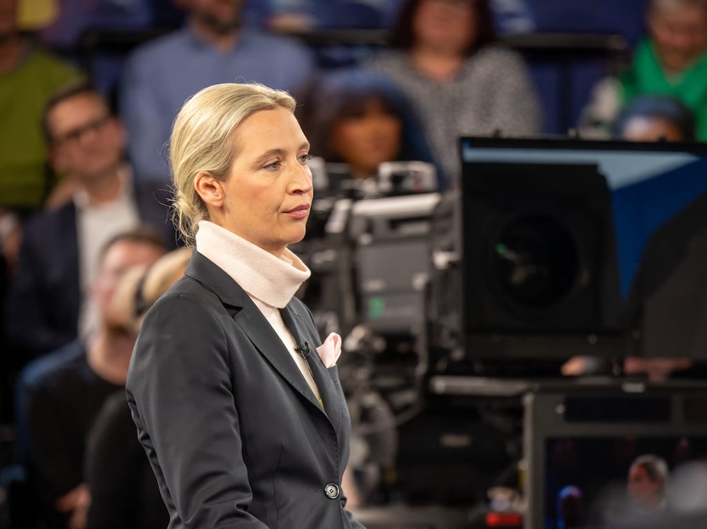Co-leader of the far-right Alternative for Germany (AfD) party Alice Weidel on TV programme 'Klartext' hosted by public broadcaster ZDF in Berlin on February 13th, 2025. Photograph: Michael Kappeler/AFP/Getty
