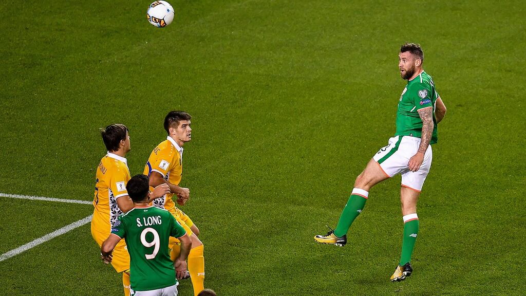 Daryl Murphy scores his second goal against Moldova. Photograph: Brendan Moran/Sportsfile via Getty Images