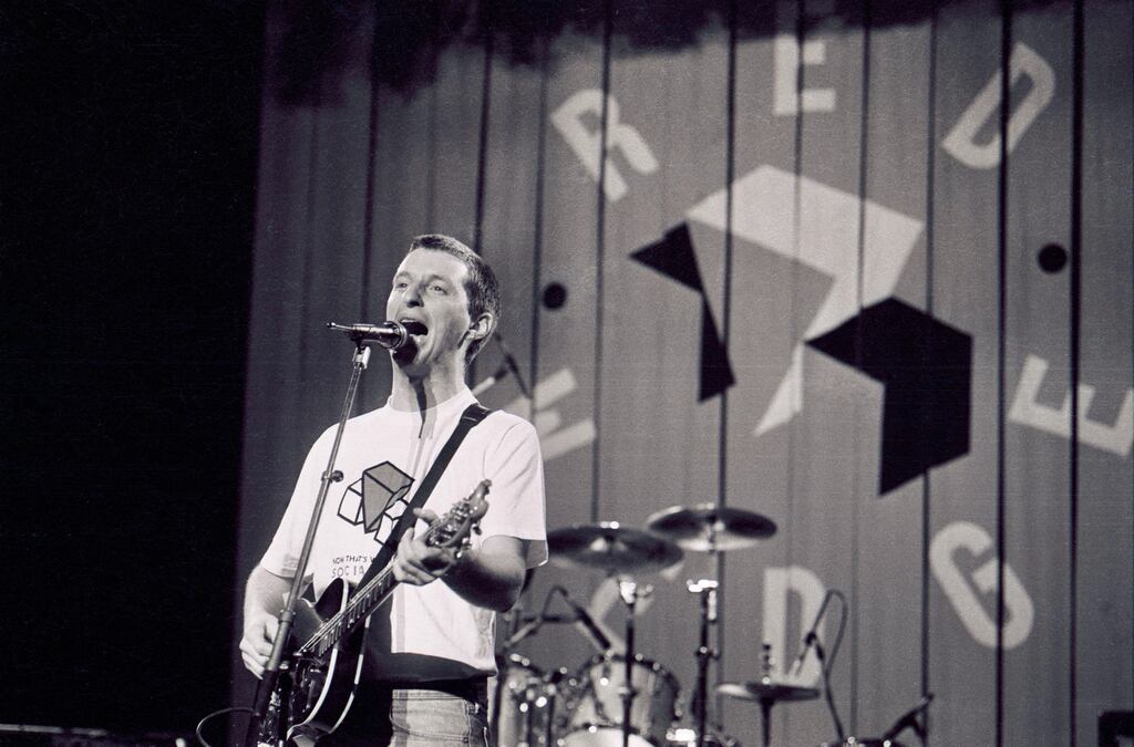 Billy Bragg on the Red Wedge Tour, Manchester Apollo, 1986. Photograph: Steve Rapport/Getty