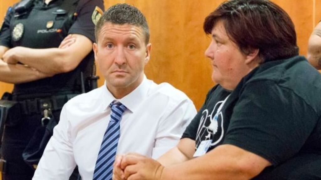 Dubliner James Quinn (35), pictured with a translator, in a court in Malaga where he is on trial for the murder of Gary Hutch. Photograph: Solarpix.