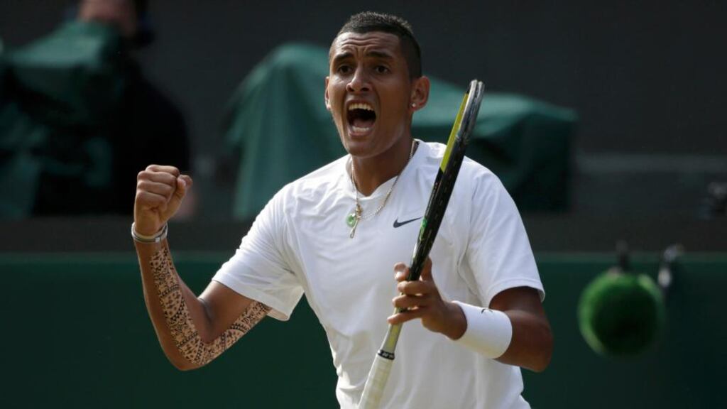 Nick Kyrgios reacts to beating Rafa Nadal and causing one of the biggest upsets in Wimbledon history. Photograph: Max Rossi/Reuters