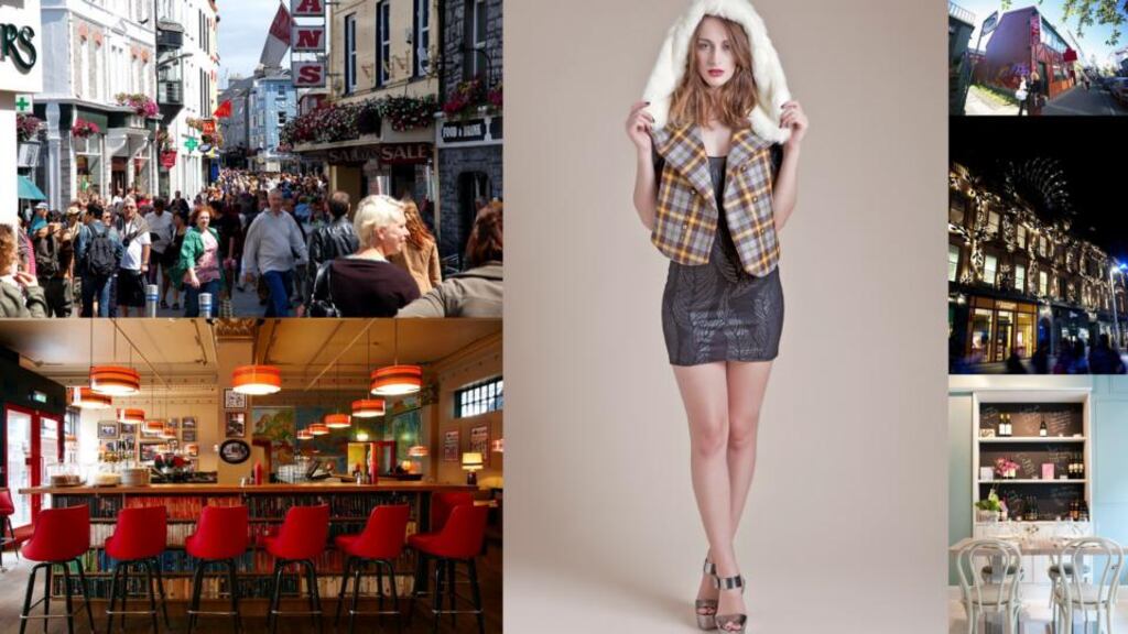 Left, from top: Shop Street in Galway; Laundromat Cafe in Reykjavik. Middle: a model wears a Chouchou Couture hood-scarf combo; right, from top: shoppers on Laugavegur, one of the oldest shopping streets in Reykjavik; Princes Square in Glasgow; Aniar in Galway
