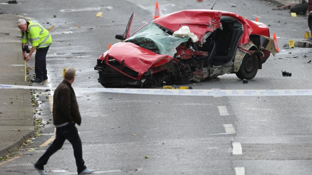 A man in his mid 20s had sustained fatal injuries when the taxi, in which he was a passenger, hit a pole at St James’s Street/Mount Brown on Sunday morning. Photograph: Niall Carson/PA Wire