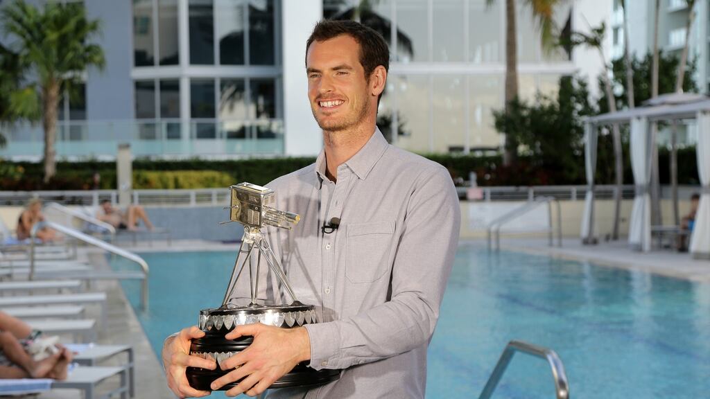 Andy Murray with the trophy after winning the 2016 Sports Personality of the Year Award at The Conrad Miami Hotel, Miami. Photo: BBC