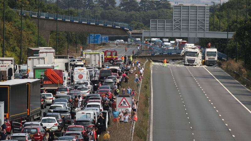 The scene on the M20 motorway after a lorry hit a motorway bridge, causing it to collapse. Photograph: Steve Parsons/PA