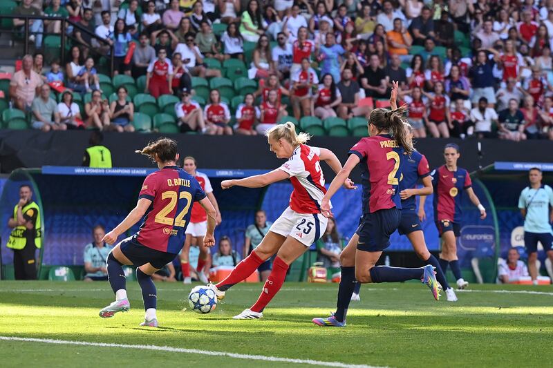 Stina Blackstenius scores for Arsenal. Photograph: David Ramos/Getty Images