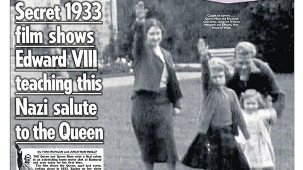 The Sun front page showing a still of footage from 1933 that shows a young Queen performing a Nazi salute with her family at Balmoral. Photograph: PA