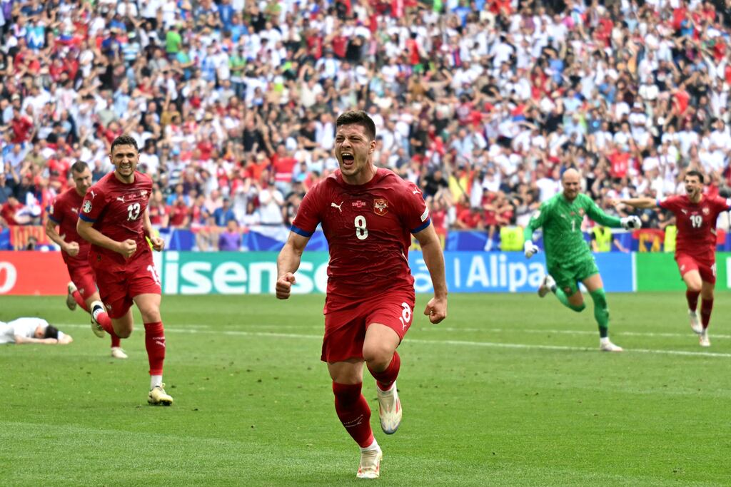 Serbia's Luka Jovic celebrates scoring the equaliser against Slovenia at Euro 2024. Photograph: Miguel Medina/AFP via Getty Images