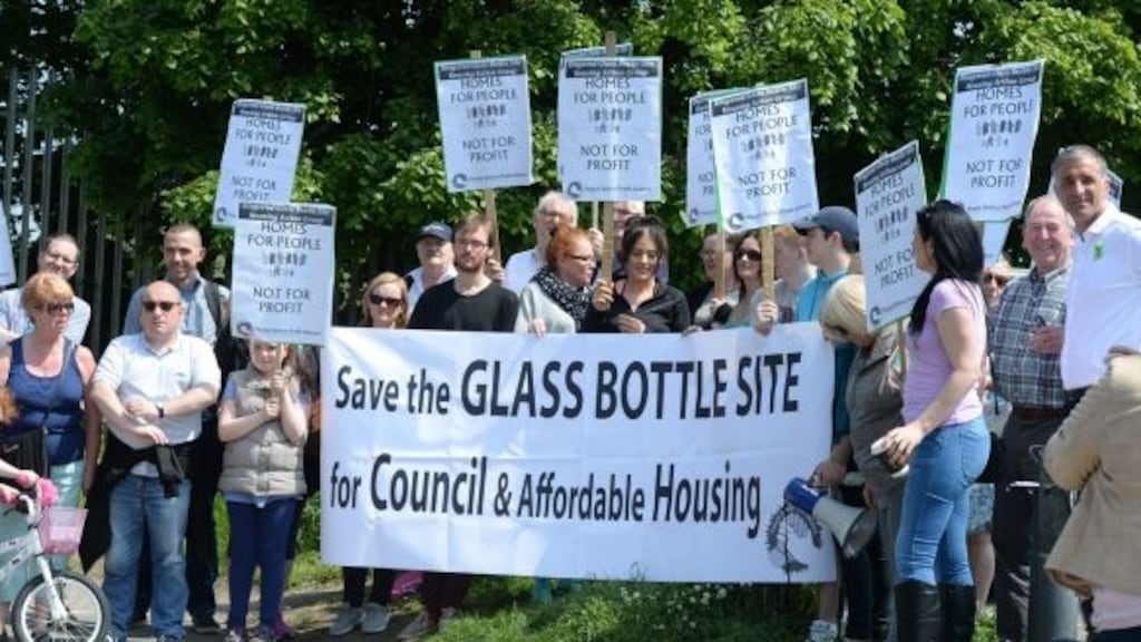 A homeless protest at the Irish Glass Bottle site calling for affordable housing in 2016. File photograph: Cyril Byrne