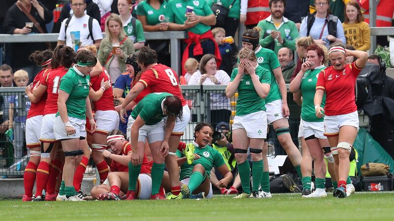 Ireland players dejected after a try for Wales during the Women’s Rugby World Cup 7th place play-off at the Kingspan Stadium in Belfast. Photograph: Billy Stickland/Inpho