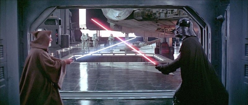 Alec Guinness as Obi-Wan Kenobi and David Prowse as
Darth Vader face off in the original Star Wars. Photograph: LucasFilm