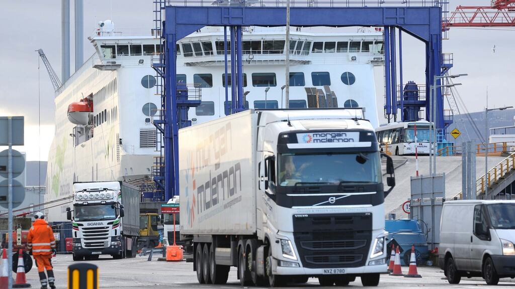 Freight trucks at Dublin Port in January. Trade volumes declined by 15 per cent in the first quarter, due in part to the impact of Brexit. Photograph: Sasko Lazarov/RollingNews.ie