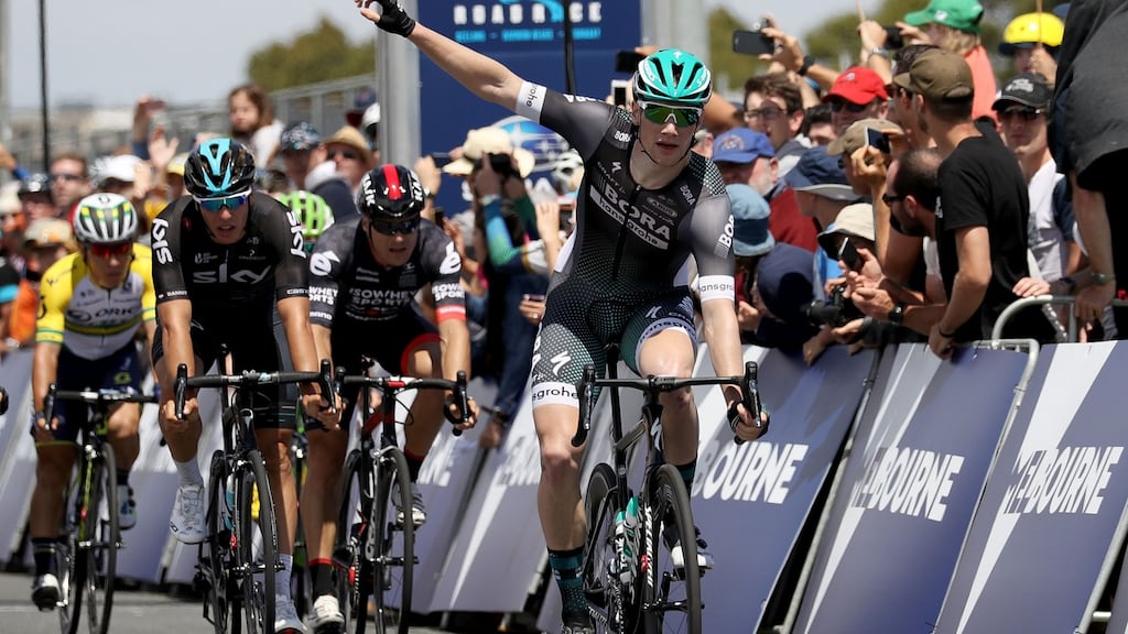Sam Bennett of Ireland and Bora-Hansgrohe celebrates as he crosses the line to win the Men’s Towards Zero Race Melbourne during the 2017 Cadel Evans Great Ocean Road Race on January 26, 2017 in Melbourne, Australia. Photograph: Robert Cianflone/Getty Images