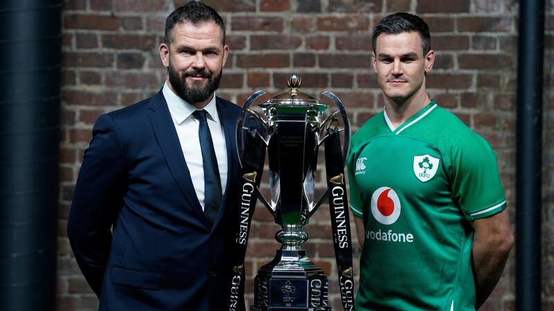 Andy Farrell and Ireland captain Johnny Sexton with the trophy. Photo: Will Oliver/Getty Images