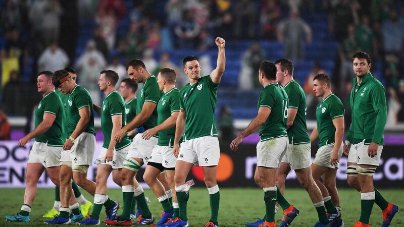 Ireland’s players after winning the game in Yokohama. Photograph: Charly Triballeau/AFP/Getty Images
