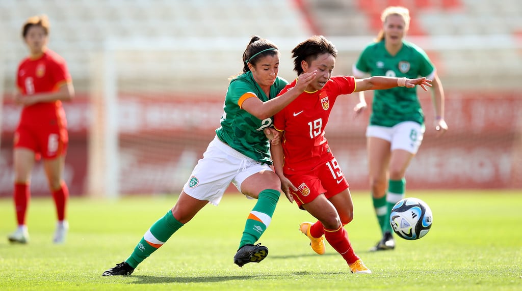 Marissa Sheva of Ireland challenges China's Zhang Lin Yan during the friendly international at the Estadio Nuevo Mirador in Cadiz. Photograph: Ryan Byrne/Inpho