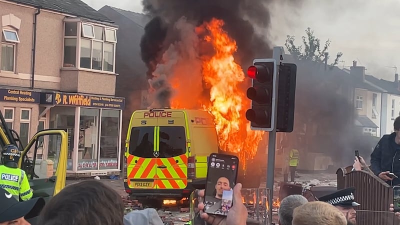 Trouble flares during a protest in Southport after three children died in a 'ferocious' knife attack at a dance school on Monday. Photograph: Richard McCarthy/PA Wire