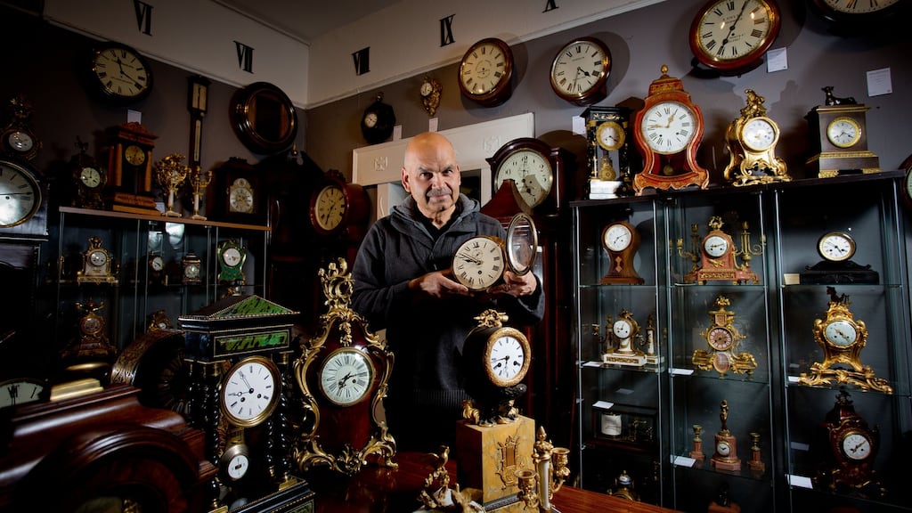 Horologist Kevin Chellar of Timepiece Antique Clocks,Patrick Street, Dublin 8.  Photograph: Tom Honan.