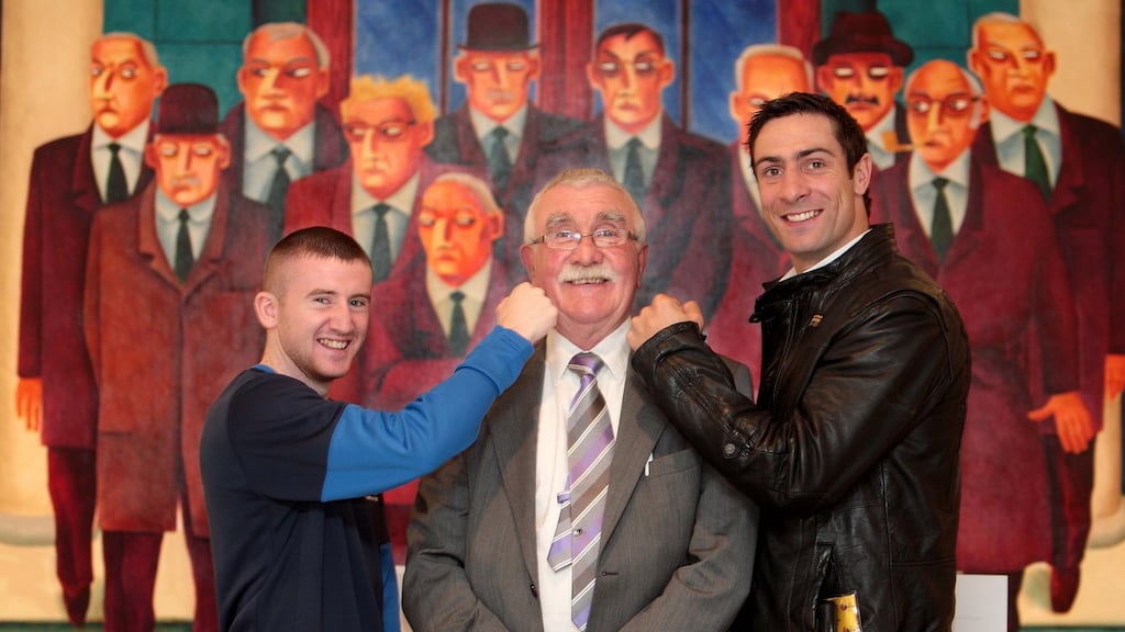 Beijing 2008 Olympic medallists Paddy Barnes and Kenny Egan with Ireland’s first Olympic boxing medallist John McNally in 2010. Photograph: Morgan Treacy/Inpho
