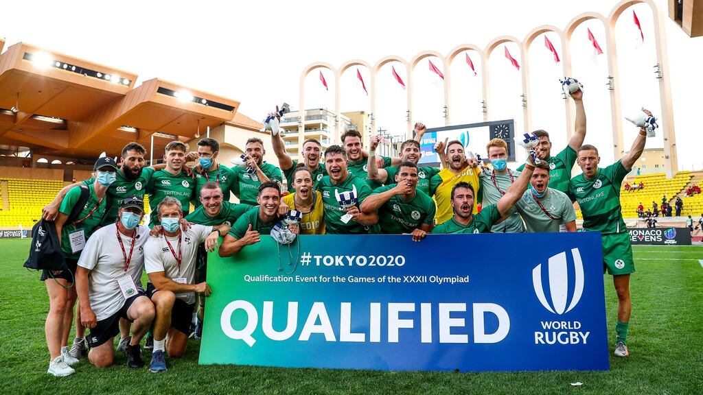 The Ireland team and staff celebrate qualifying for Tokyo 2020. Photograph: Manuel Blondeau/Inpho